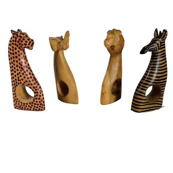 Wooden Carved Safari Animals Napkin Rings 4 Holder Zebra Leopard Tiger Elephant - Picture 2 of 16